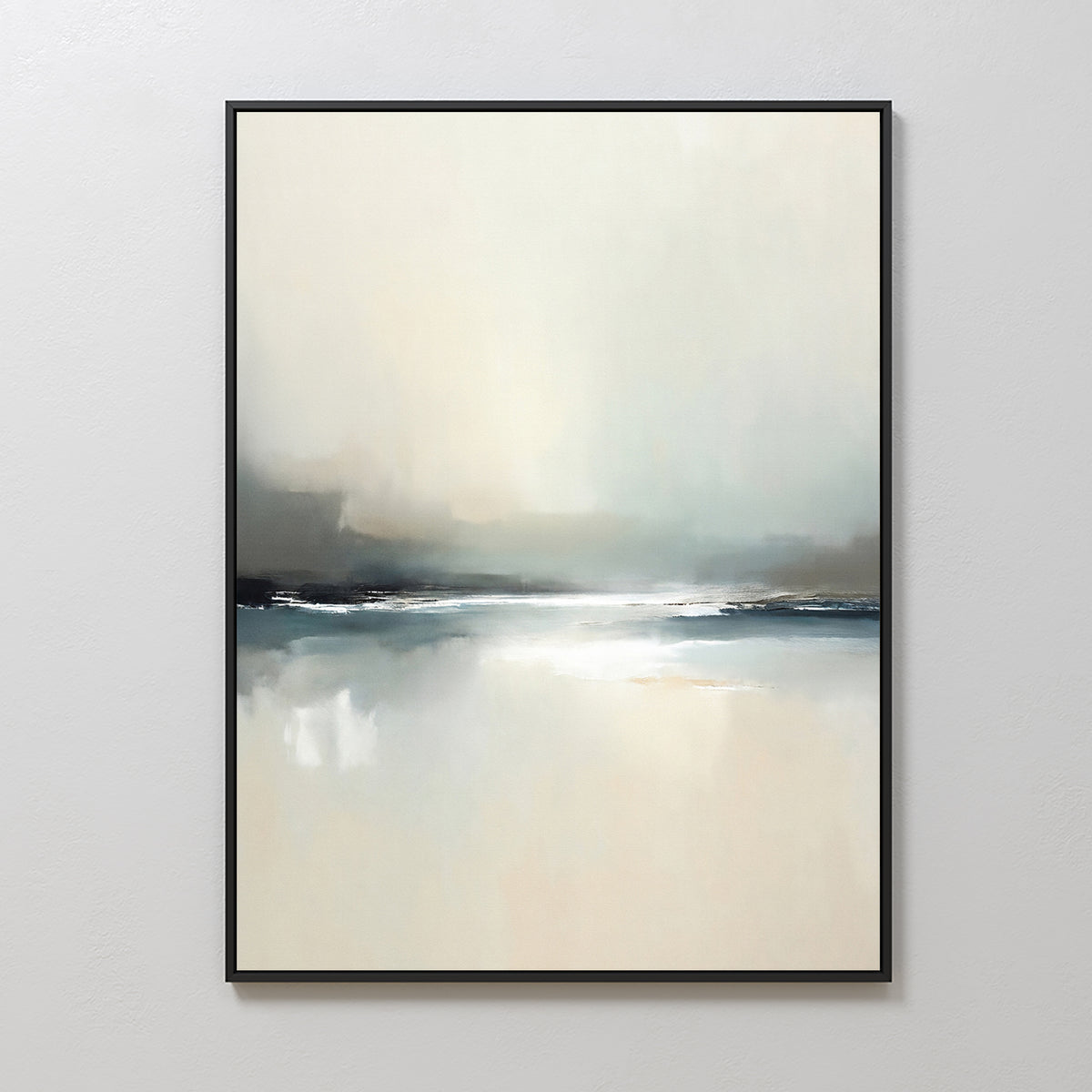 The Veiled Estuary Canvas Art - Vertical features a minimalist, abstract design with soft cream, beige, gray, and blue gradients, evoking a serene waterscape. This contemporary wall art is framed in black and displayed on a white wall.