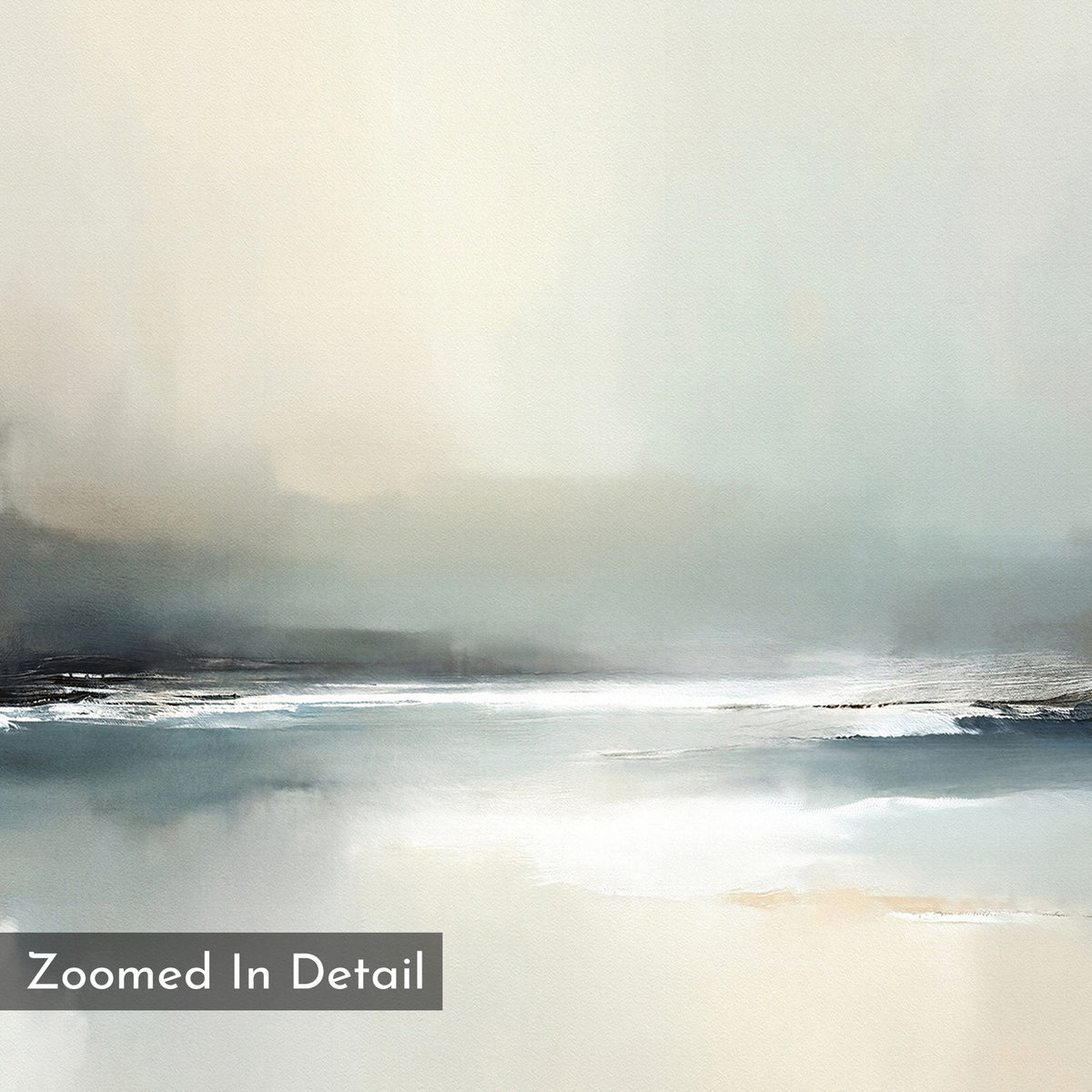 The Veiled Estuary Canvas Art - Vertical features soft, blended shades of gray, blue, and beige for a serene landscape look. This calm, minimal wall art includes smooth color transitions and “Zoomed In Detail” text in the corner.