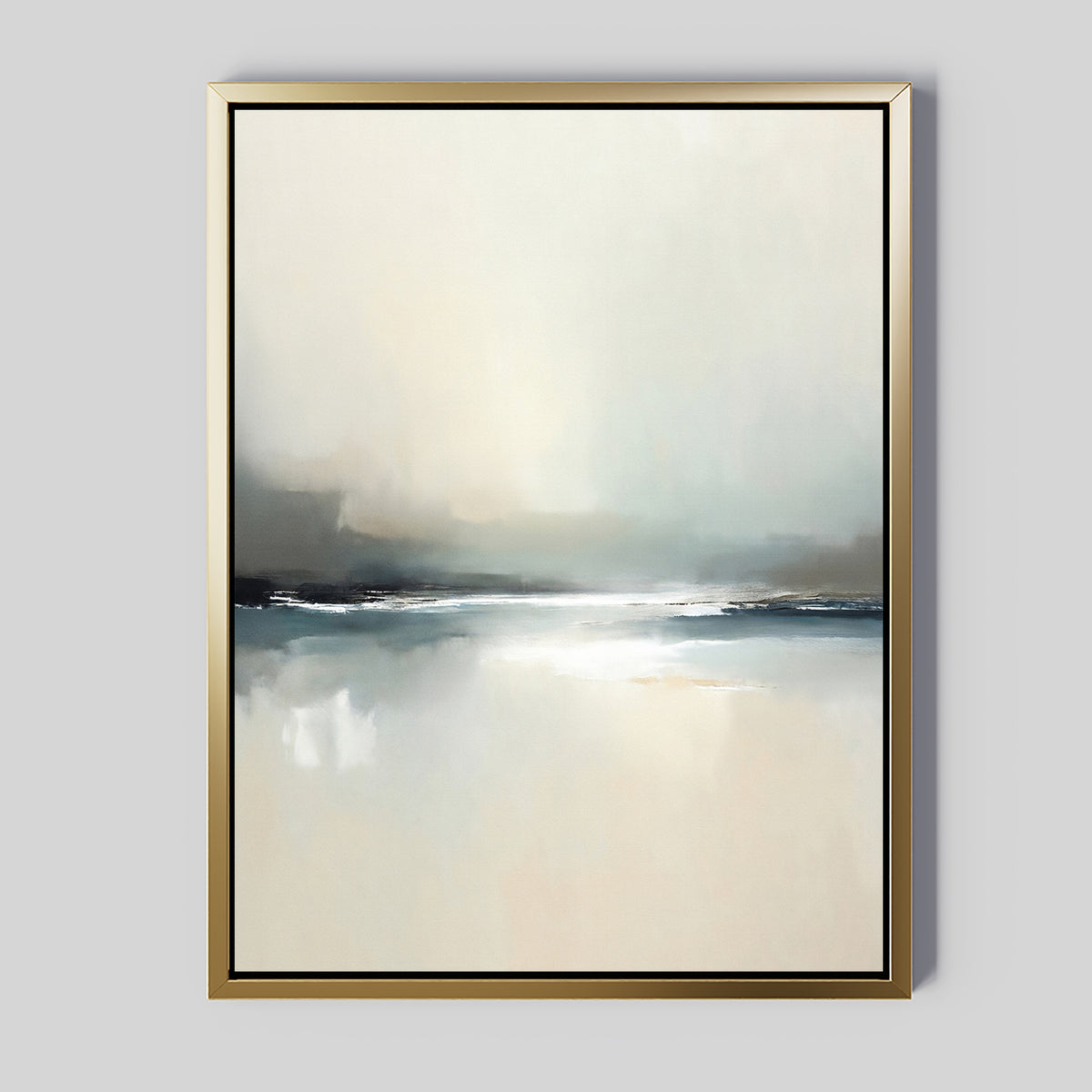 The Veiled Estuary Canvas Art - Vertical features a serene, misty landscape with soft blends of beige, gray, and blue—perfect contemporary wall decor for any space.