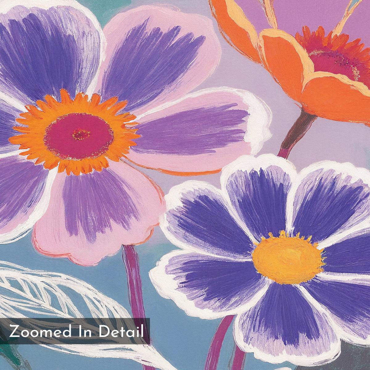 The Vibrant Petals Canvas Art - Horizontal features a close-up of colorful flowers with purple, orange, and yellow petals on a soft pastel background and white “Zoomed In Detail” text in the bottom left corner.