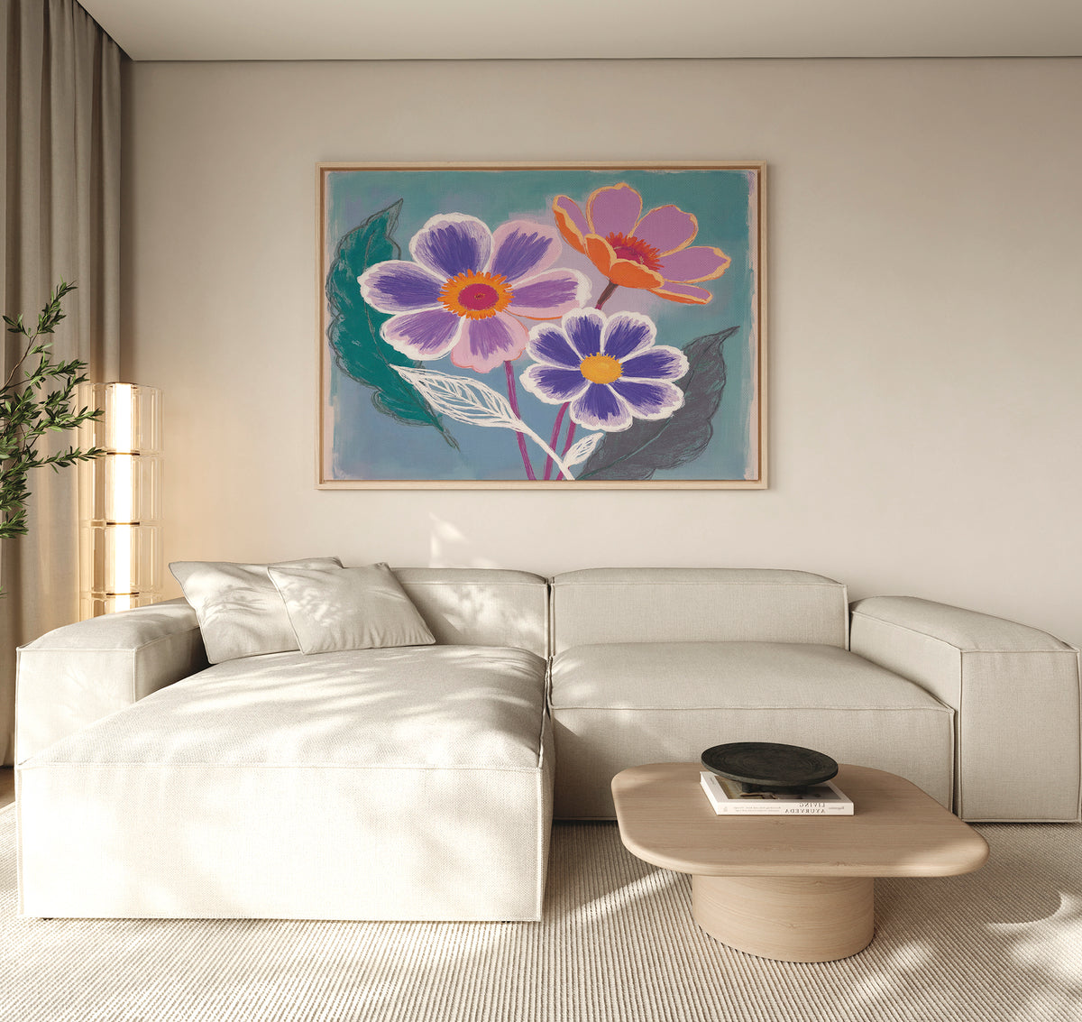 A modern living room features a beige sectional sofa, a light wood coffee table with a black bowl, neutral decor, and the Vibrant Petals Canvas Art - Horizontal displayed as contemporary wall art above the sofa.