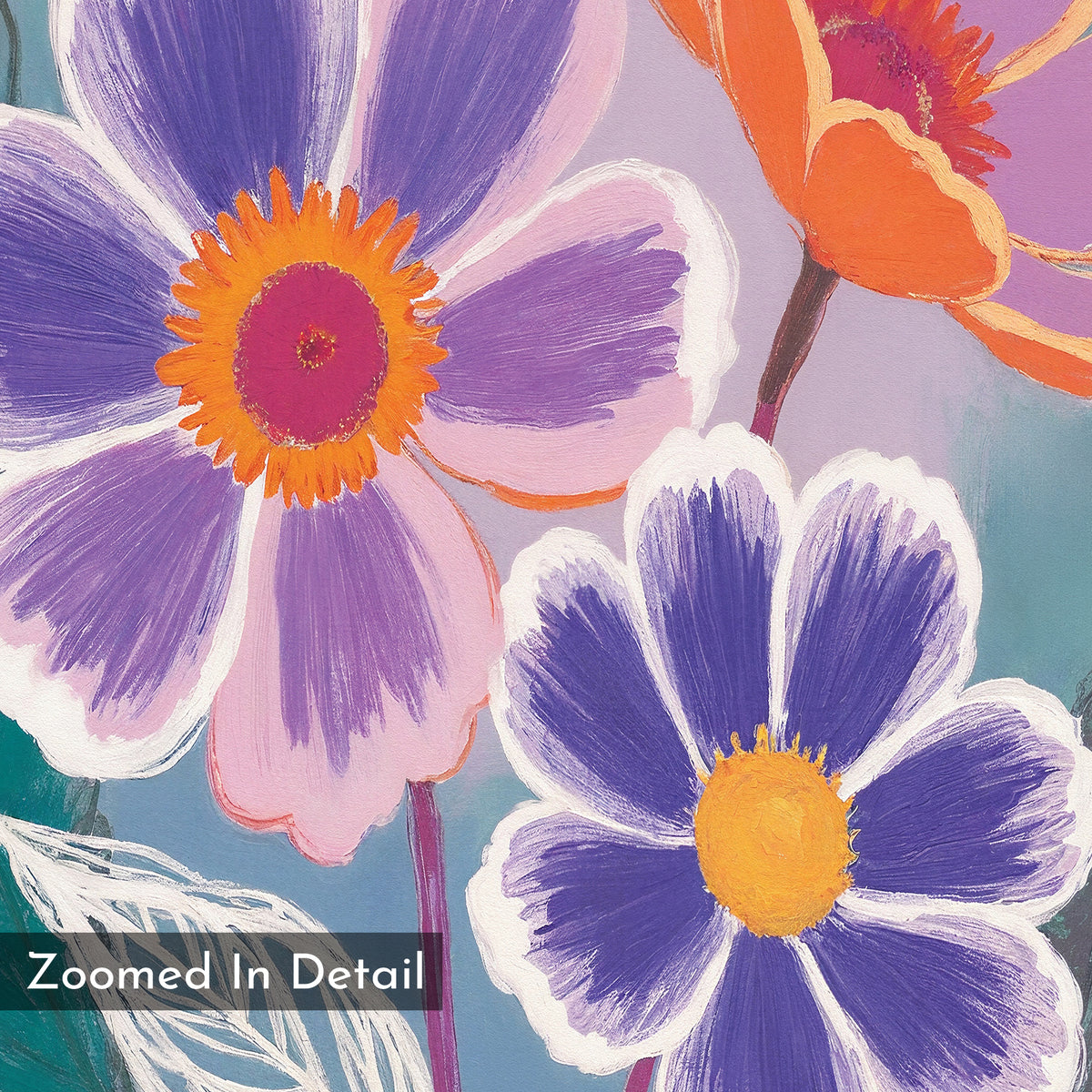 A colorful, close-up illustration of abstract flowers with purple, pink, orange, and white petals on a pastel background. This contemporary wall art is called Vibrant Petals Canvas Art - Vertical.