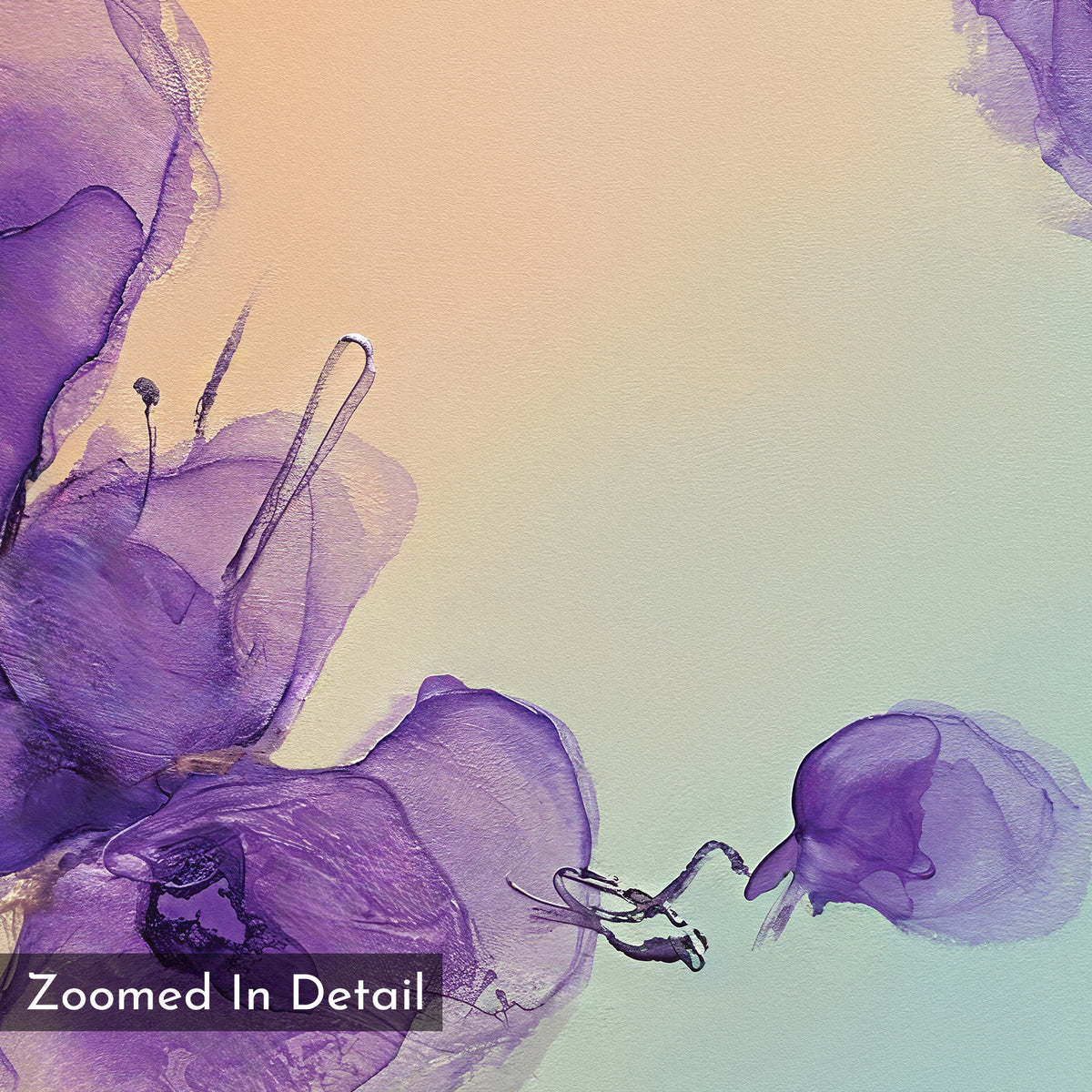 Violet Dreams Canvas Art - Square showcases abstract watercolor with purple and violet ink-like shapes on a soft beige and light blue background; "Zoomed In Detail" appears in the lower left corner.