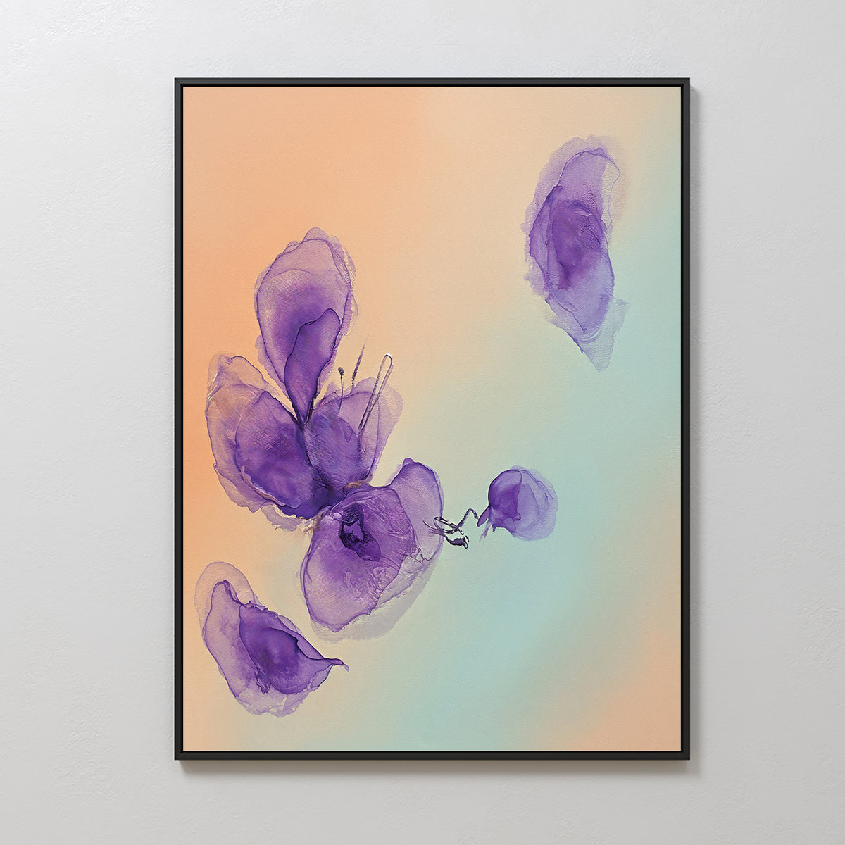 Violet Dreams Canvas Art - Vertical features soft, translucent purple floral shapes on a peach and teal gradient, creating a delicate watercolor effect—ideal botanical wall art for a serene Nordic Park-inspired space.
