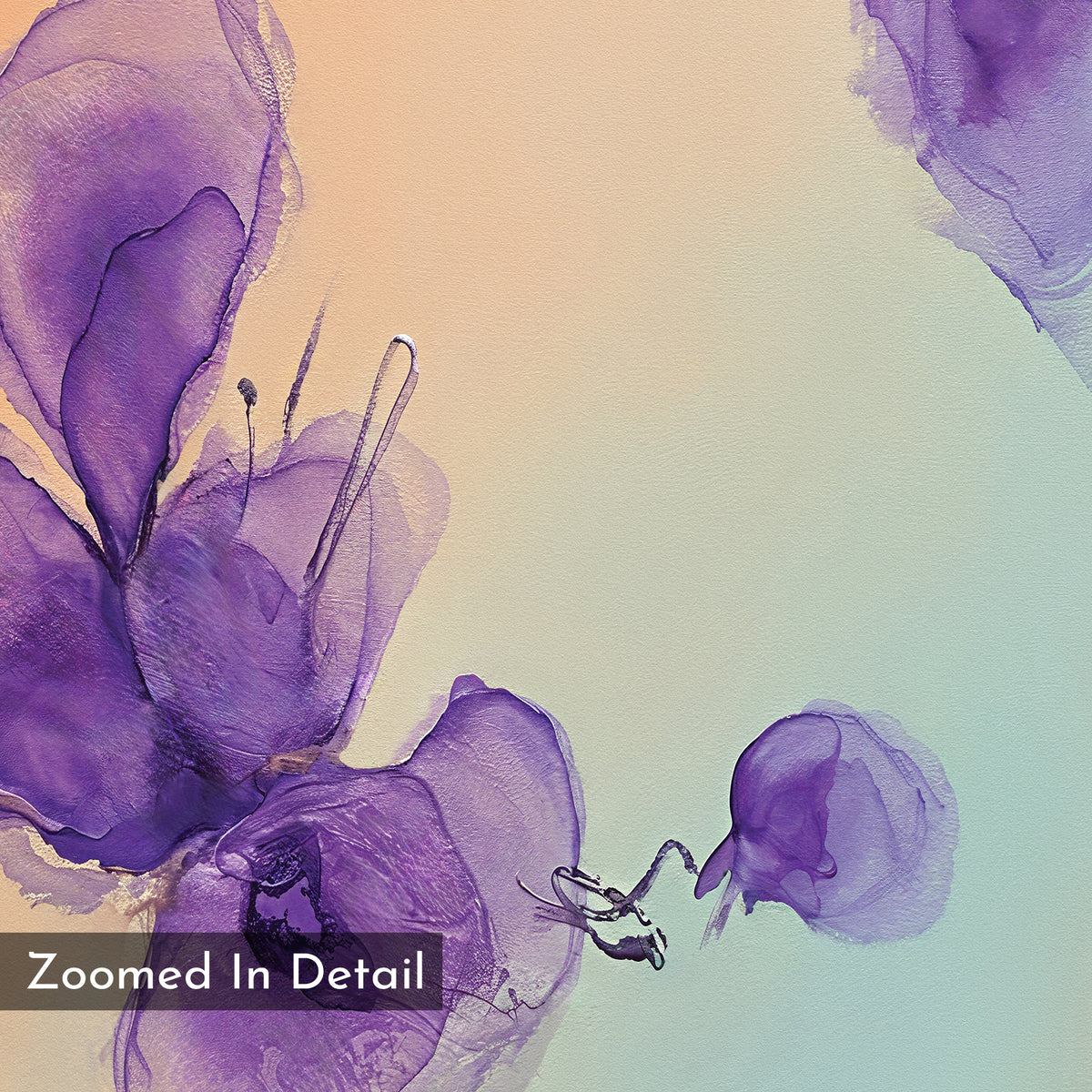 Violet Dreams Canvas Art - Vertical showcases delicate purple flower shapes with soft, blurred edges on a gradient pastel background. A “Zoomed In Detail” label appears in the lower left corner, perfect for botanical wall art displays.
