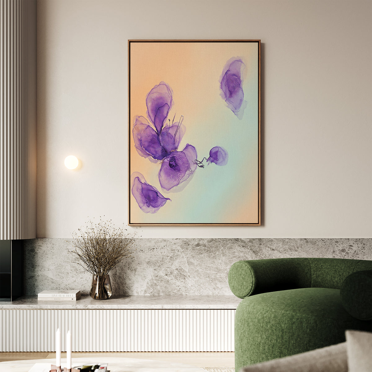 A modern living room with a green curved sofa, marble shelf, and dried flowers in a vase features soft decor and Nordic Park style, highlighted by the Violet Dreams Canvas Art - Vertical: an abstract floral print on the beige wall.