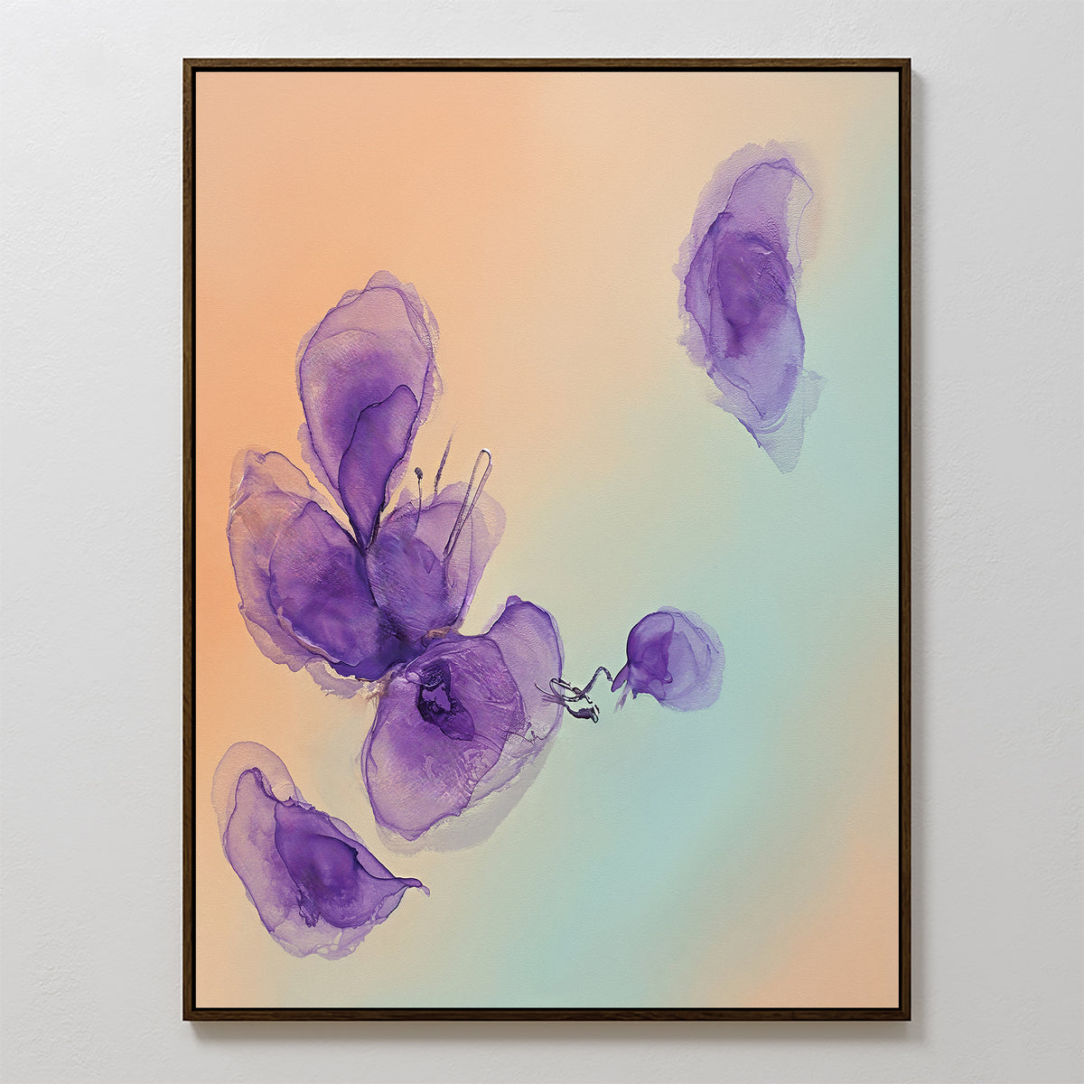 Violet Dreams Canvas Art - Vertical features soft, overlapping purple shapes on a gentle peach and light blue gradient, framed in a thin dark frame—ideal for adding Nordic Park-inspired elegance to your space.