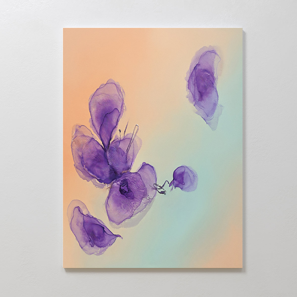 The Violet Dreams Canvas Art - Vertical features translucent purple floral shapes on a soft peach and light blue gradient background, with delicate, flowing edges that create a gentle sense of movement. Ideal for botanical-themed wall decor.