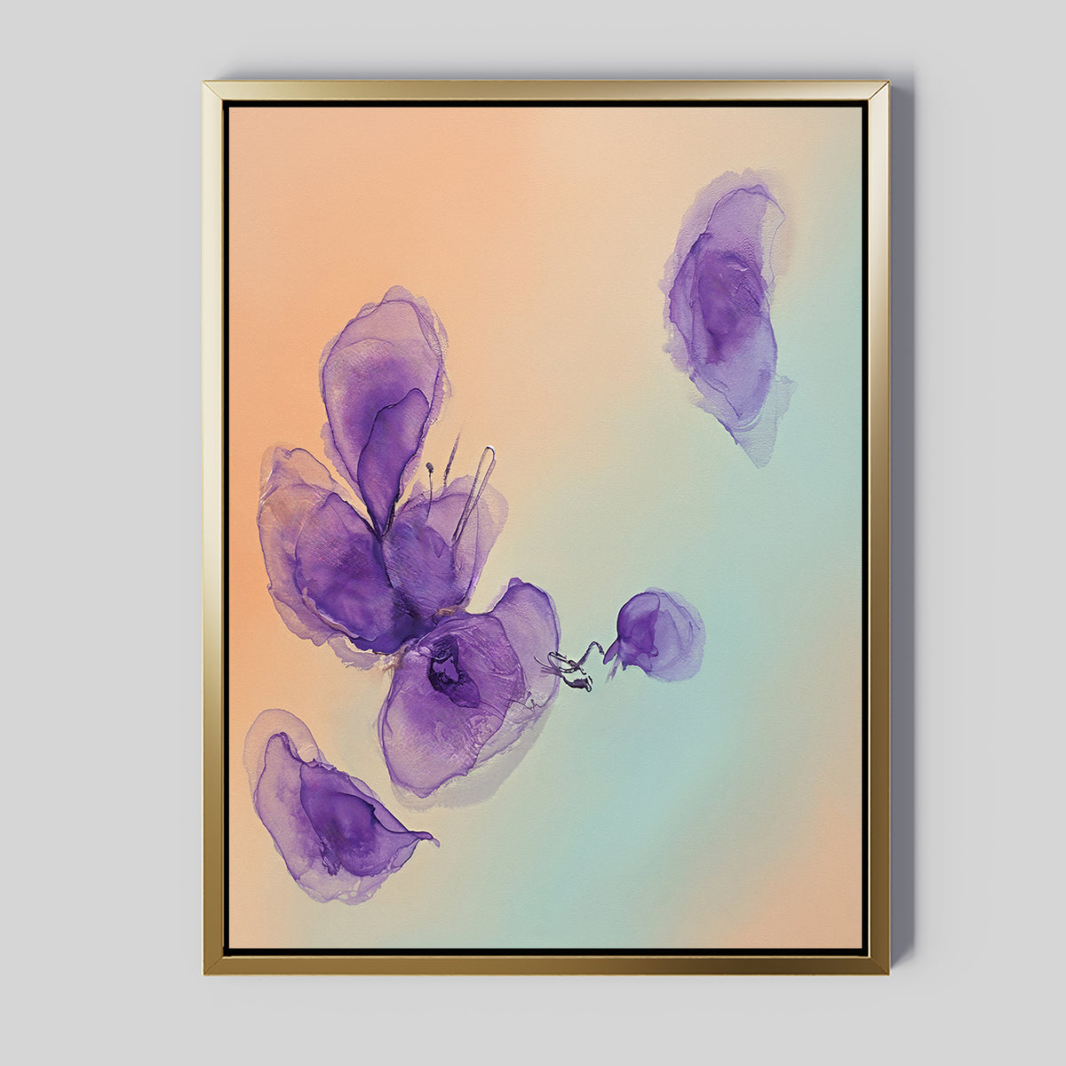 The Violet Dreams Canvas Art - Vertical features delicate, translucent floral shapes on a soft peach and light blue gradient, enhanced by a gold frame that adds elegance to this ethereal botanical wall art.