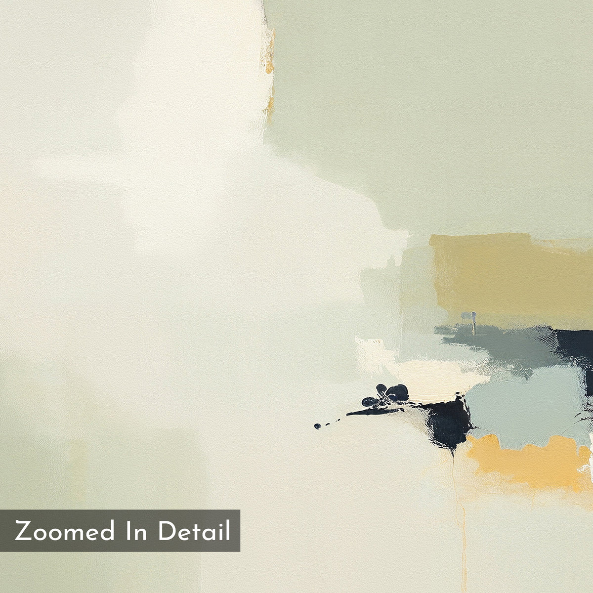 Weathered Composition Canvas Art - Horizontal features abstract, overlapping patches of cream, beige, pale green, mustard yellow, and dark blue. A “Zoomed In Detail” label appears at the bottom left, highlighting its modern, textured elegance.