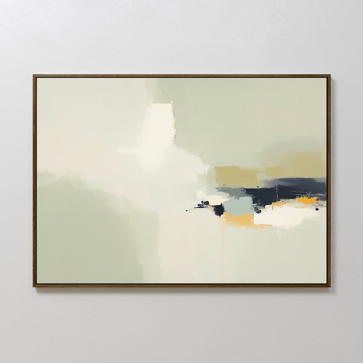 The Weathered Composition Canvas Art - Horizontal features soft blends of white, cream, and pale green with bold strokes in dark blue, black, yellow, and orange. This framed abstract print brings modern elegance to any light-colored wall.