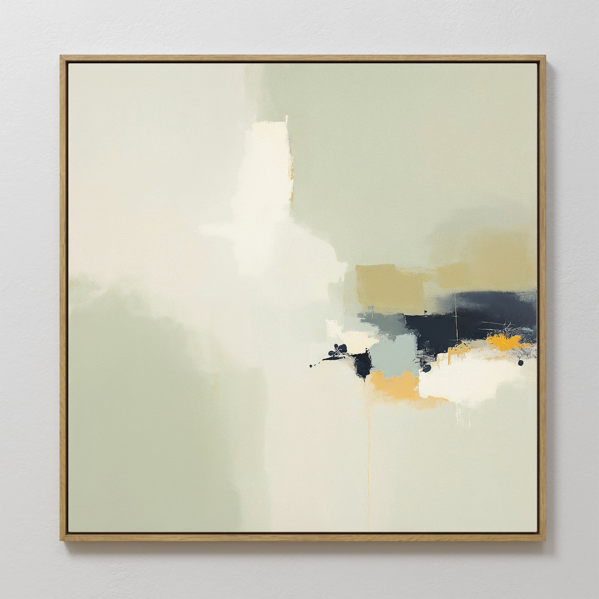 The Weathered Composition Canvas Art - Square features soft beige, cream, and pale green with bold dark blue, mustard yellow, and white accents. Displayed in a light wood frame, it brings modern Nordic elegance to any space.