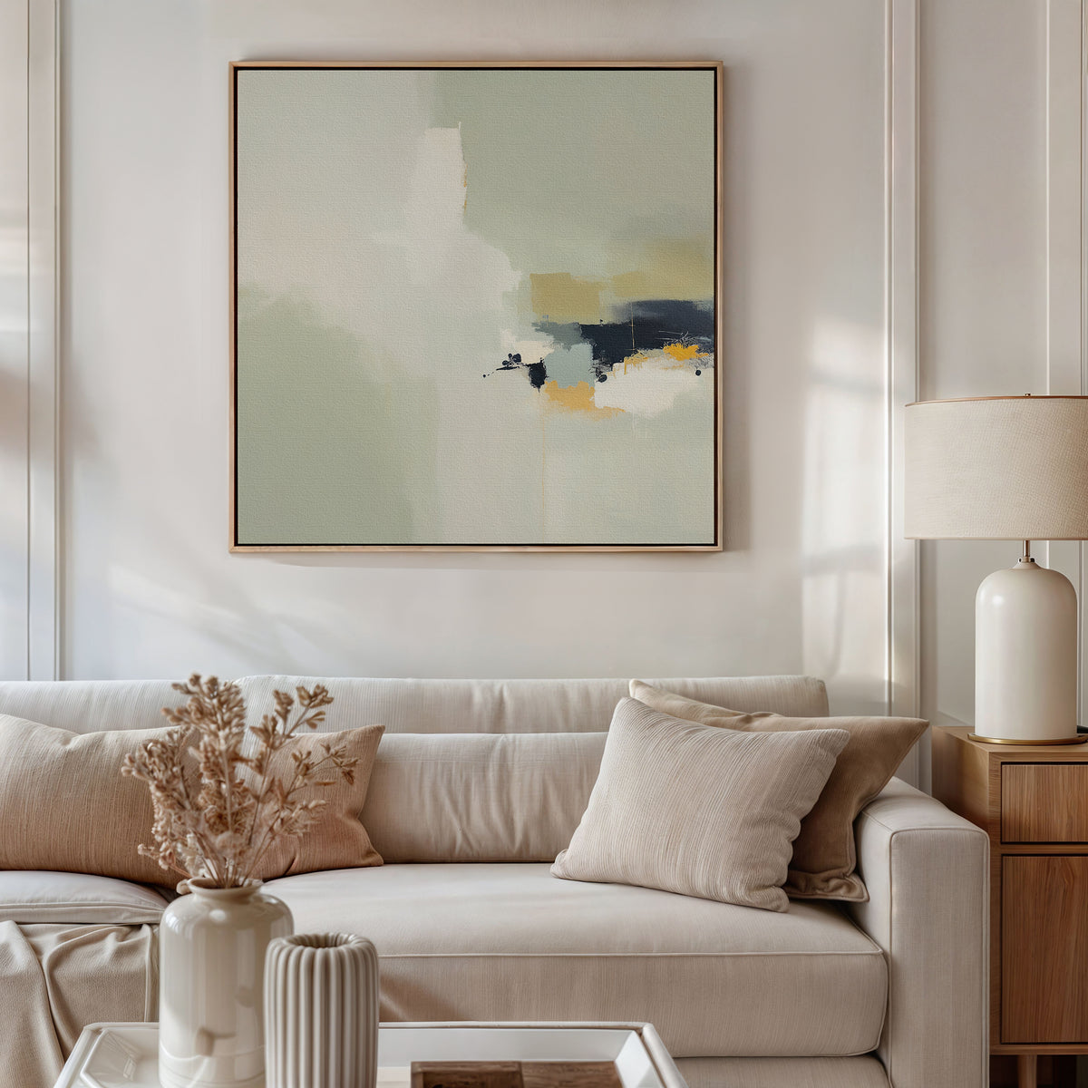 A modern living room with a white sofa, beige cushions, a side table and lamp, dried flowers in a vase, and the Weathered Composition Canvas Art - Square adding modern elegance above the sofa.