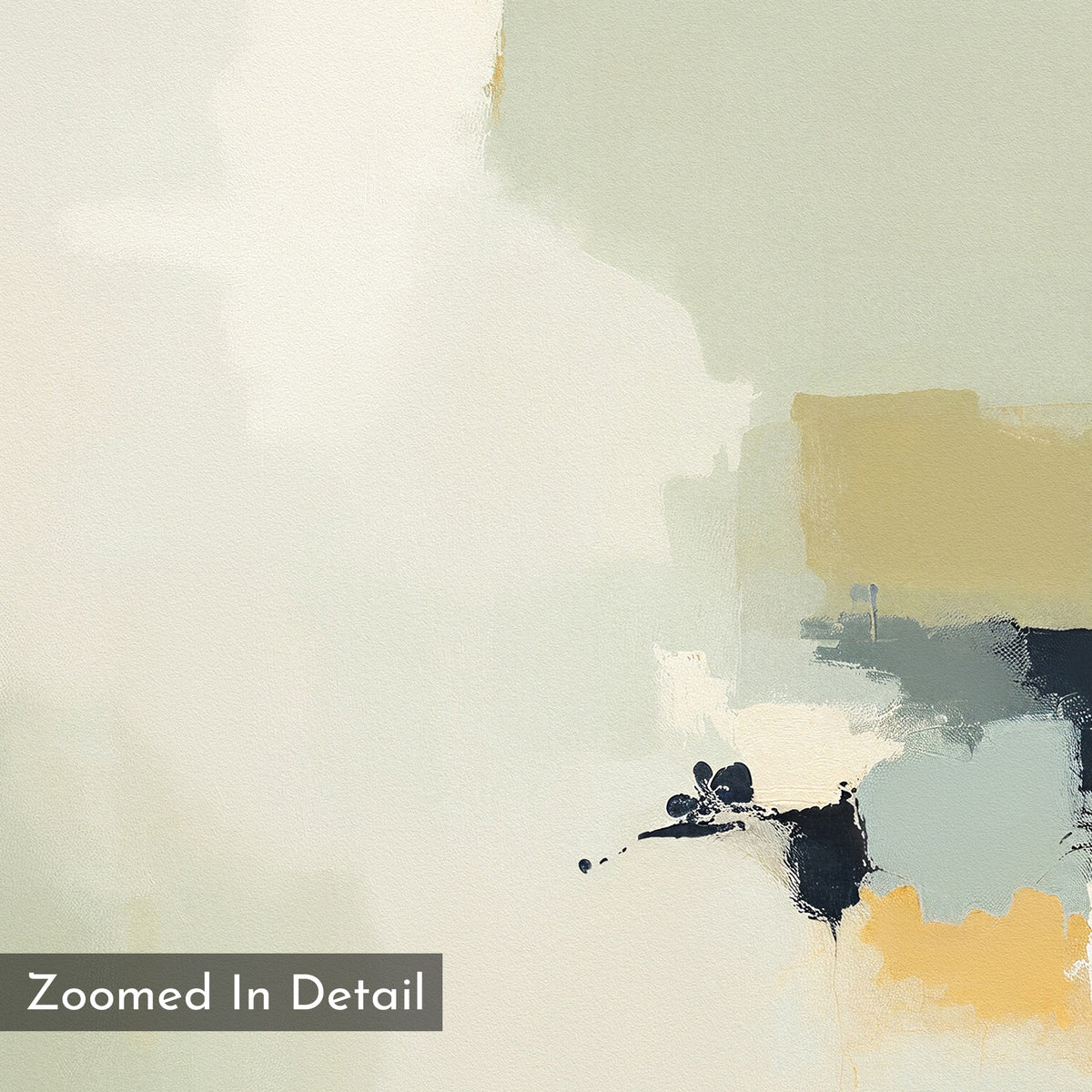 Weathered Composition Canvas Art - Square displays an abstract print in soft cream, pale gray, and light yellow with bold black and blue brushstrokes; “Zoomed In Detail” at the bottom left adds a touch of modern elegance.