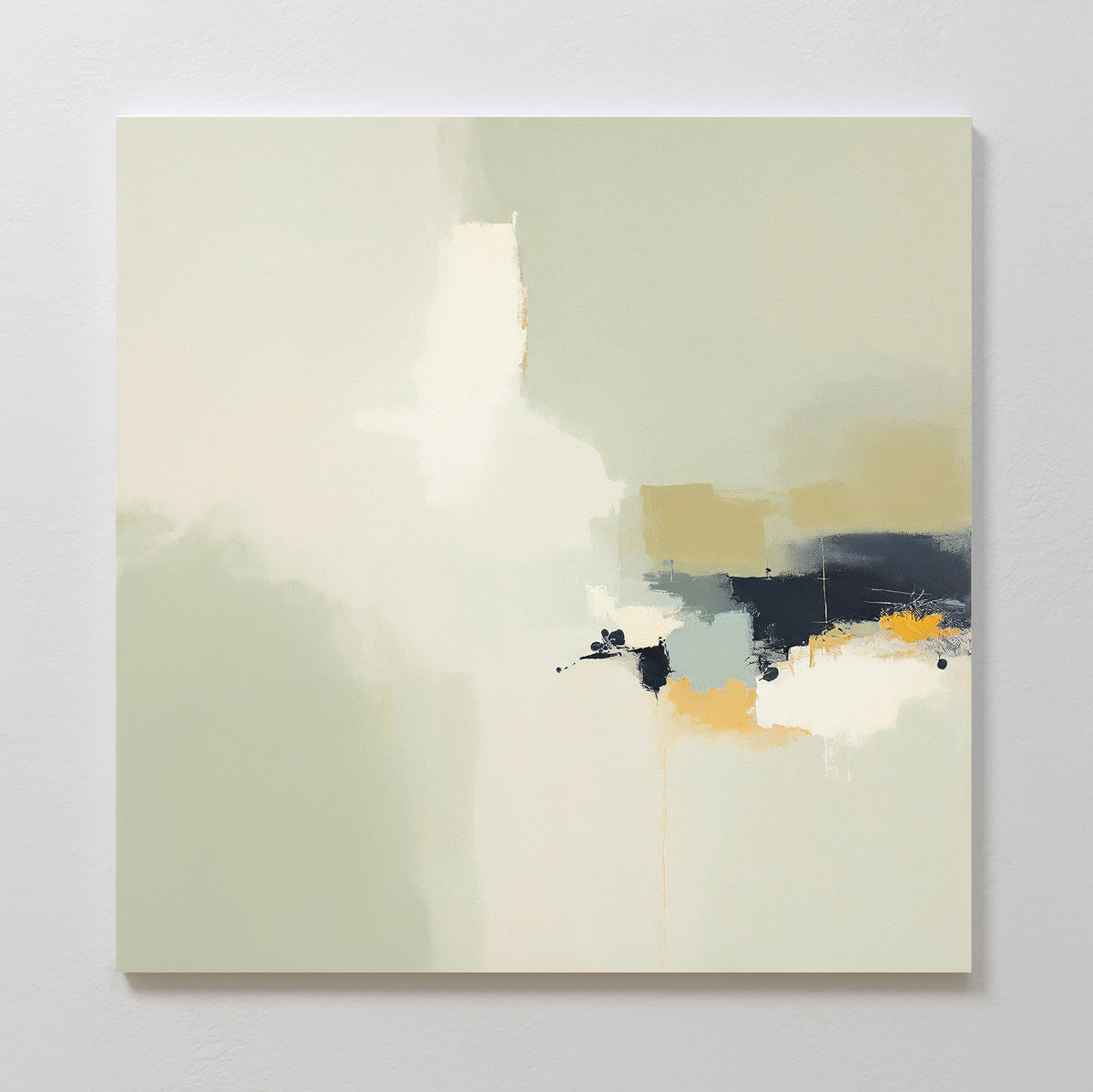 Weathered Composition Canvas Art - Square features a refined abstract design with soft pale green, cream, and white tones fading leftward, while bold dark blue, yellow, and beige blocks add modern elegance on the right side.