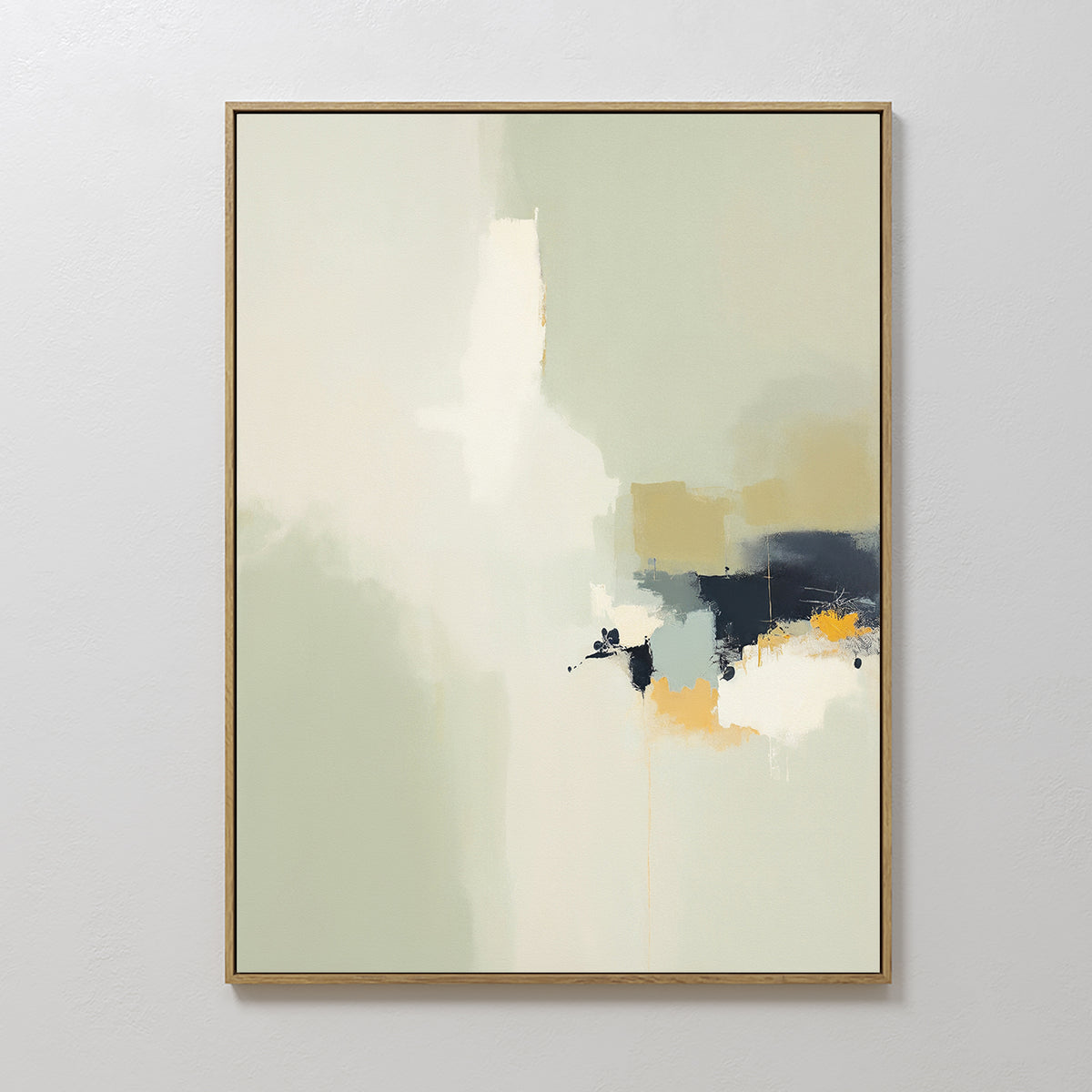 The Weathered Composition Canvas Art - Vertical features soft pale green, cream, and white tones with bold dark blue and yellow accents, adding a touch of modern elegance to any light gray wall.