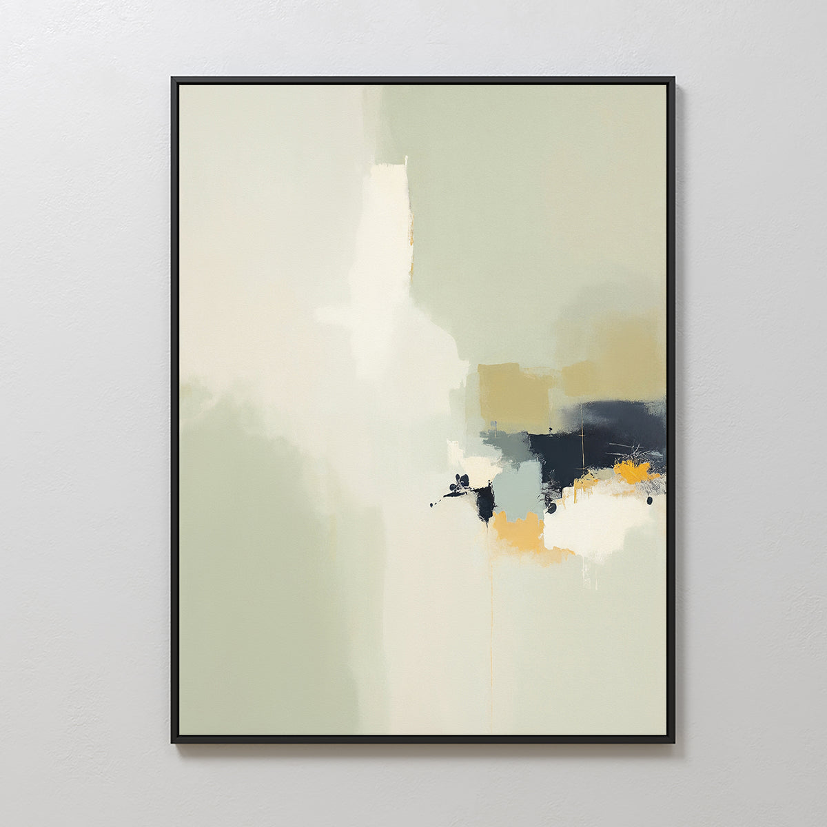 The Weathered Composition Canvas Art - Vertical features soft white, beige, green, and blue tones with bold black and yellow accents in a thin black frame, adding modern elegance to a light gray wall.