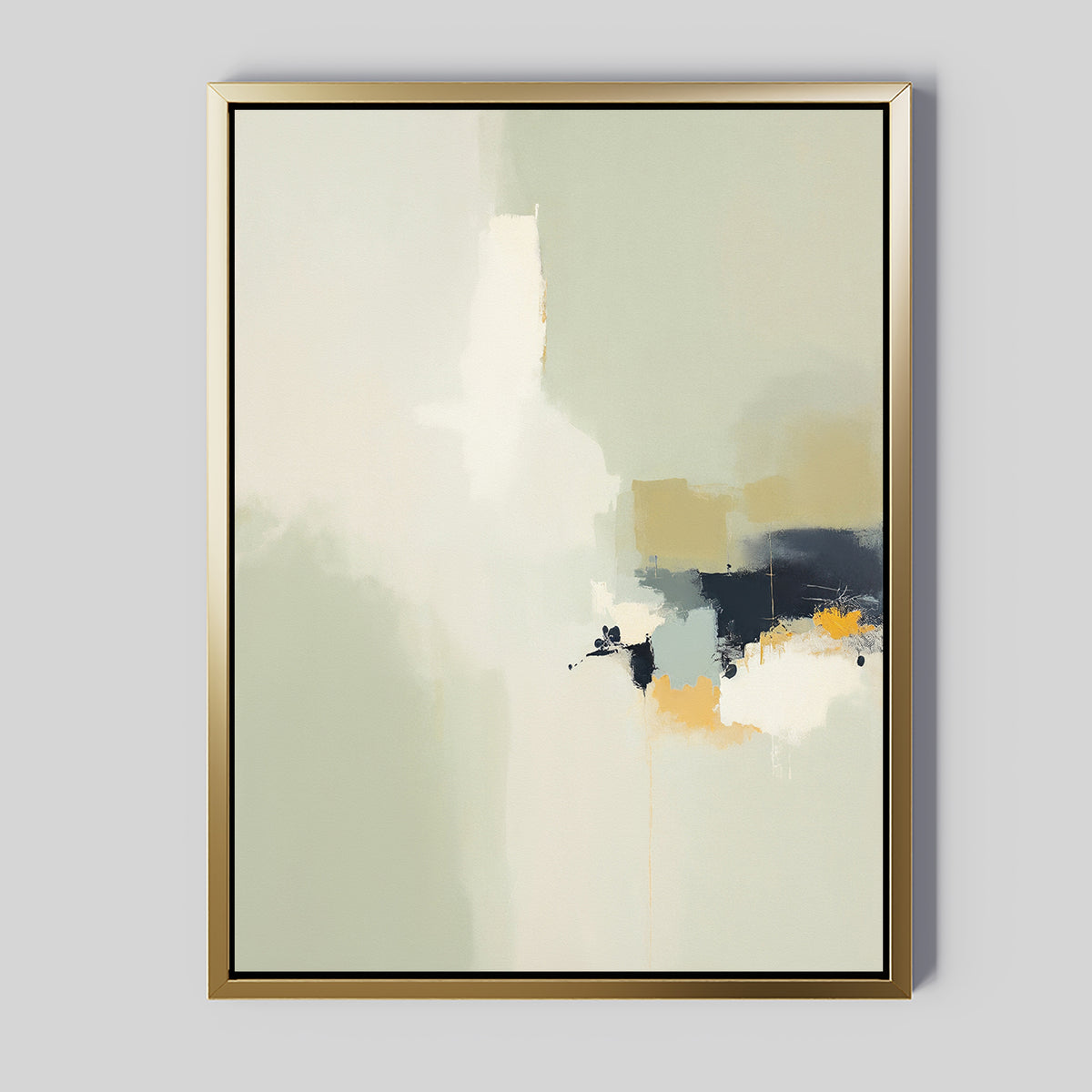 The Weathered Composition Canvas Art - Vertical is a framed abstract print in soft white, cream, and pale green pastels with bold navy blue and yellow accents on the right side, all set against a light gray background for modern elegance.