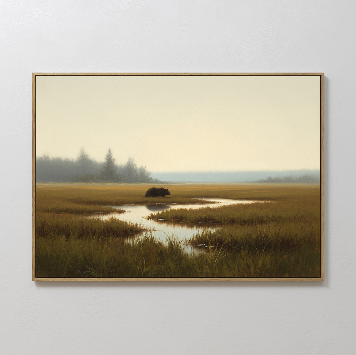 The Wetland Bear Canvas Art - Horizontal features a peaceful bear strolling through a marsh with tall grasses and trees under a hazy sky, adding calm and serenity to any space.