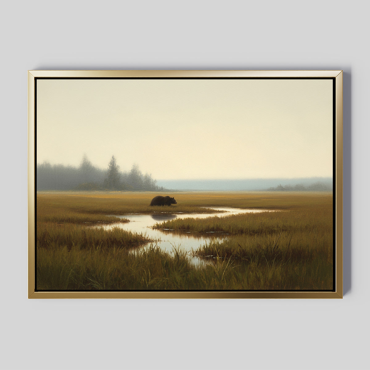 The Wetland Bear Canvas Art - Horizontal depicts a serene marsh scene with a bear wandering through grassy pools, misty trees in the background, and a pale sky above.