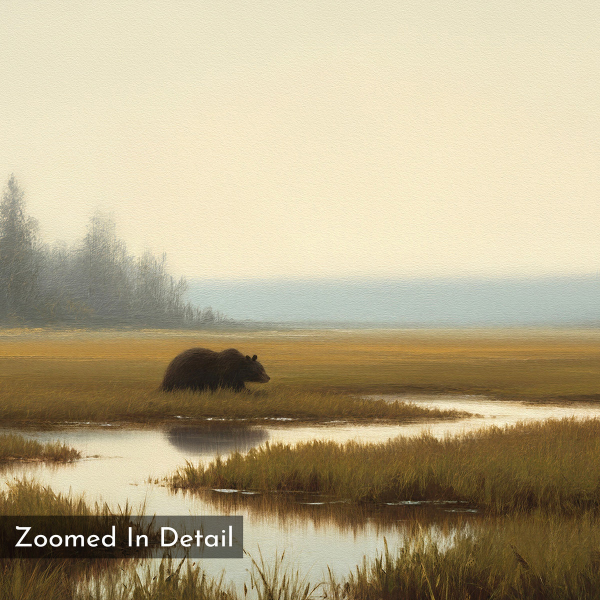 A wetland bear walks through tall grass by a calm stream in a misty landscape with distant trees. Text reads Zoomed In Detail—Wetland Bear Canvas Art - Horizontal, a tranquil wall print for nature lovers.