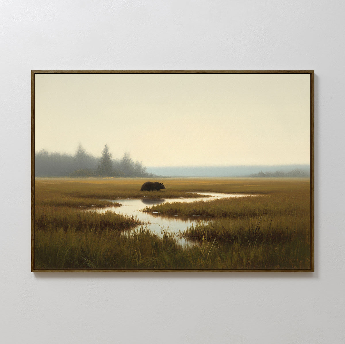The Wetland Bear Canvas Art - Horizontal features a serene bear strolling through misty marshes and water, distant trees fading under a hazy sky, displayed on a plain white wall.