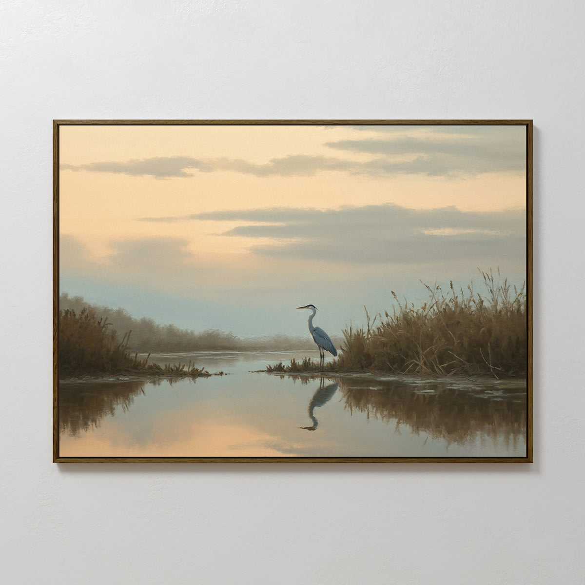 The Wetland Heron Canvas Art - Horizontal features a serene wetland sunset with a heron among tall grasses by calm water. Soft clouds and reflections create a peaceful atmosphere, making it perfect marsh landscape decor.