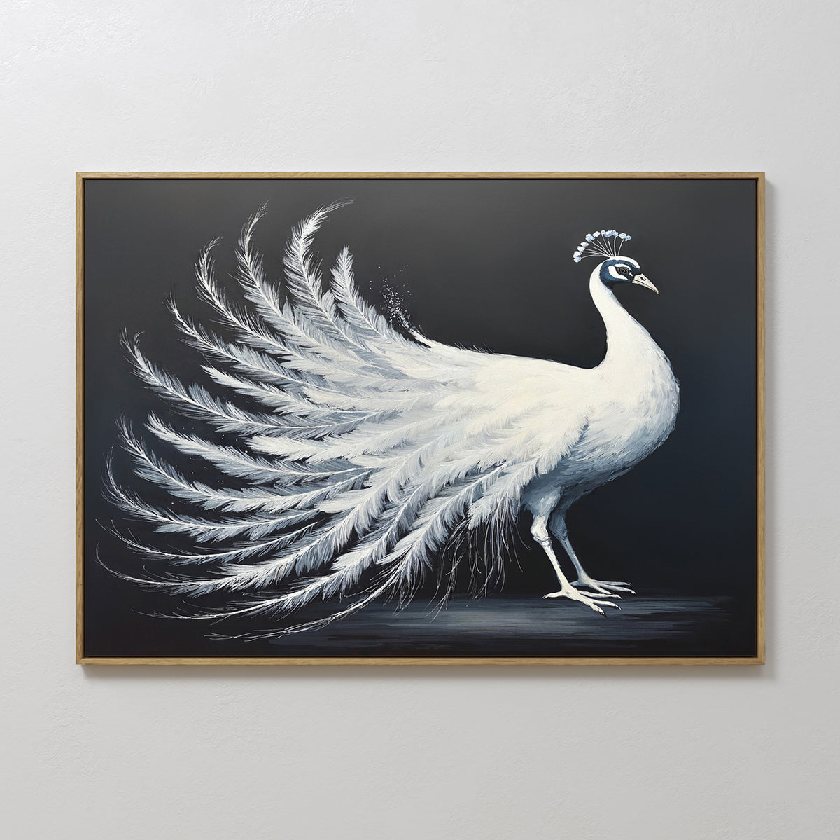 The White Peacock Display Canvas Art - Horizontal features a framed white peacock with a fanned-out tail against a dark background, elegantly displayed on a light wall to enhance any space.