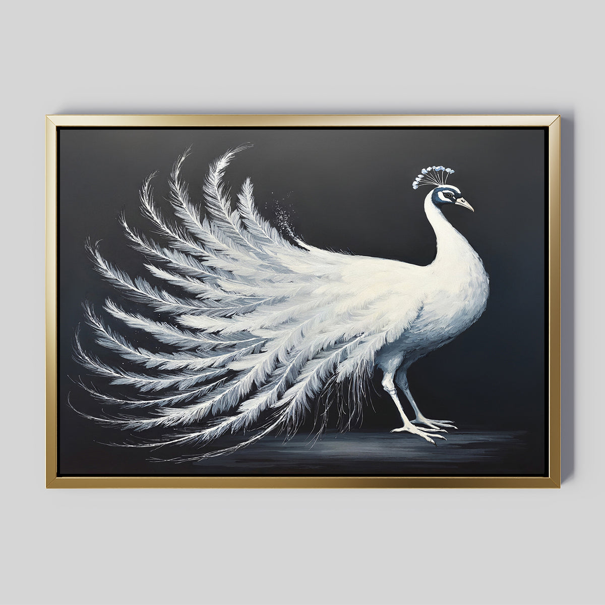 The White Peacock Display Canvas Art - Horizontal features a detailed white peacock with a fanned tail on a dark background, elegantly framed in gold—a sophisticated accent for any space.