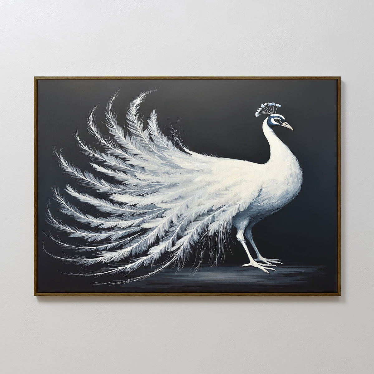 The White Peacock Display Canvas Art - Horizontal features a detailed white peacock with an elaborate fanned tail on a dark background—an elegant artwork that highlights the bird’s intricate feathers and graceful posture for stylish wall decor.