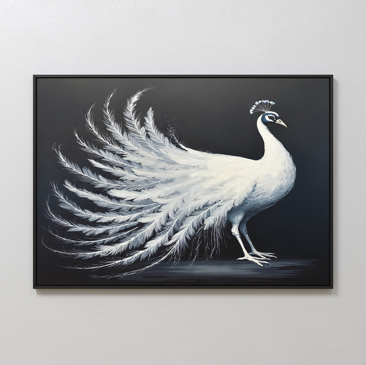 The White Peacock Display Canvas Art - Horizontal features a striking white peacock with an elaborate feather display on a dark background, elegantly framed and perfect for adding sophistication to any light-colored wall.