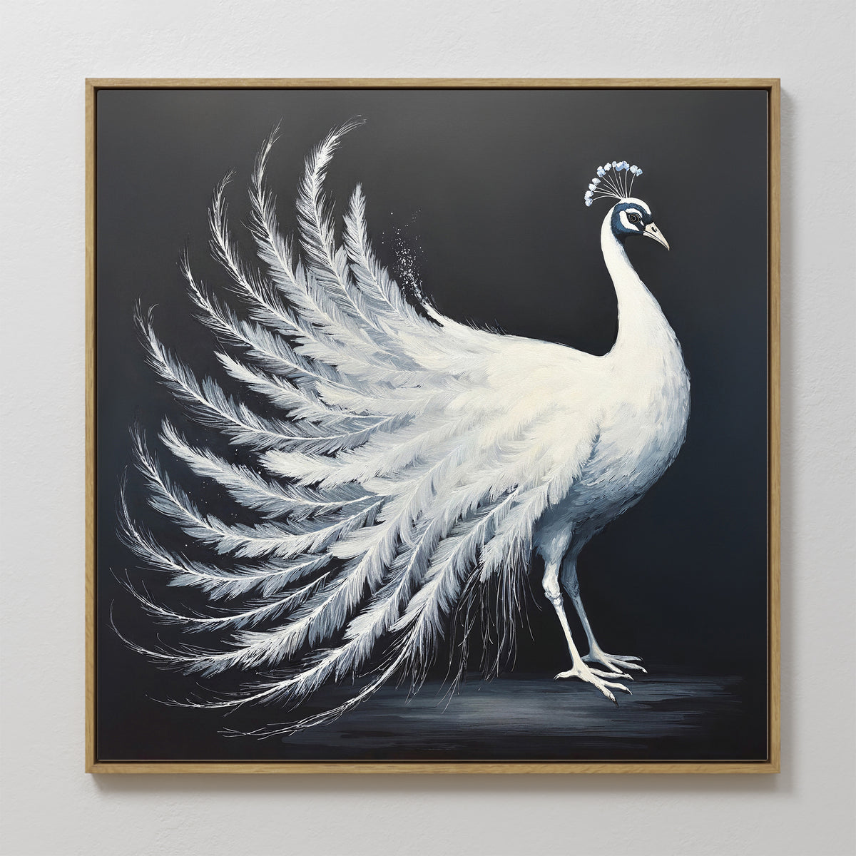 The White Peacock Display Canvas Art - Square features a white peacock with a fanned tail against a dark backdrop in a wooden frame, making its striking feathers stand out elegantly as wall decor.