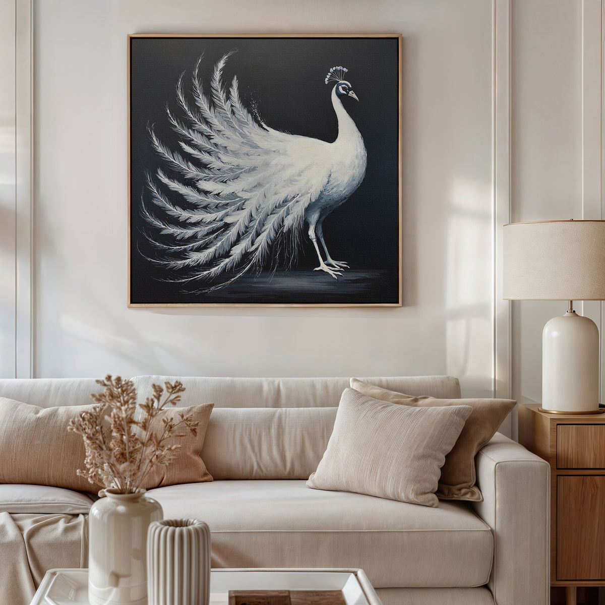 A cozy living room features a beige sofa, neutral cushions, a side table with a lamp, dried flowers, and elegant wall art—a White Peacock Display Canvas Art - Square—displayed above the sofa.