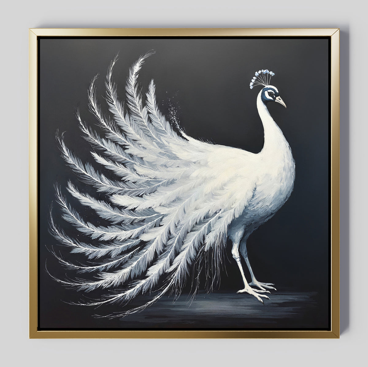 The White Peacock Display Canvas Art - Square features a white peacock with a fanned tail on a dark background, set in a gold frame. Delicate feather details add elegance, making it a striking Nordic Park wall art piece for your space.
