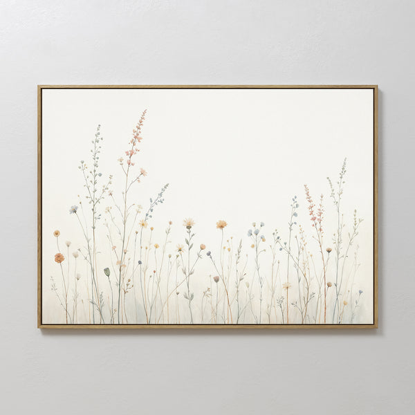 The Wildflower Dreams Canvas Art - Horizontal features delicate pastel wildflowers and grasses on a white background, creating a soft, minimalist look inspired by Nordic parks.