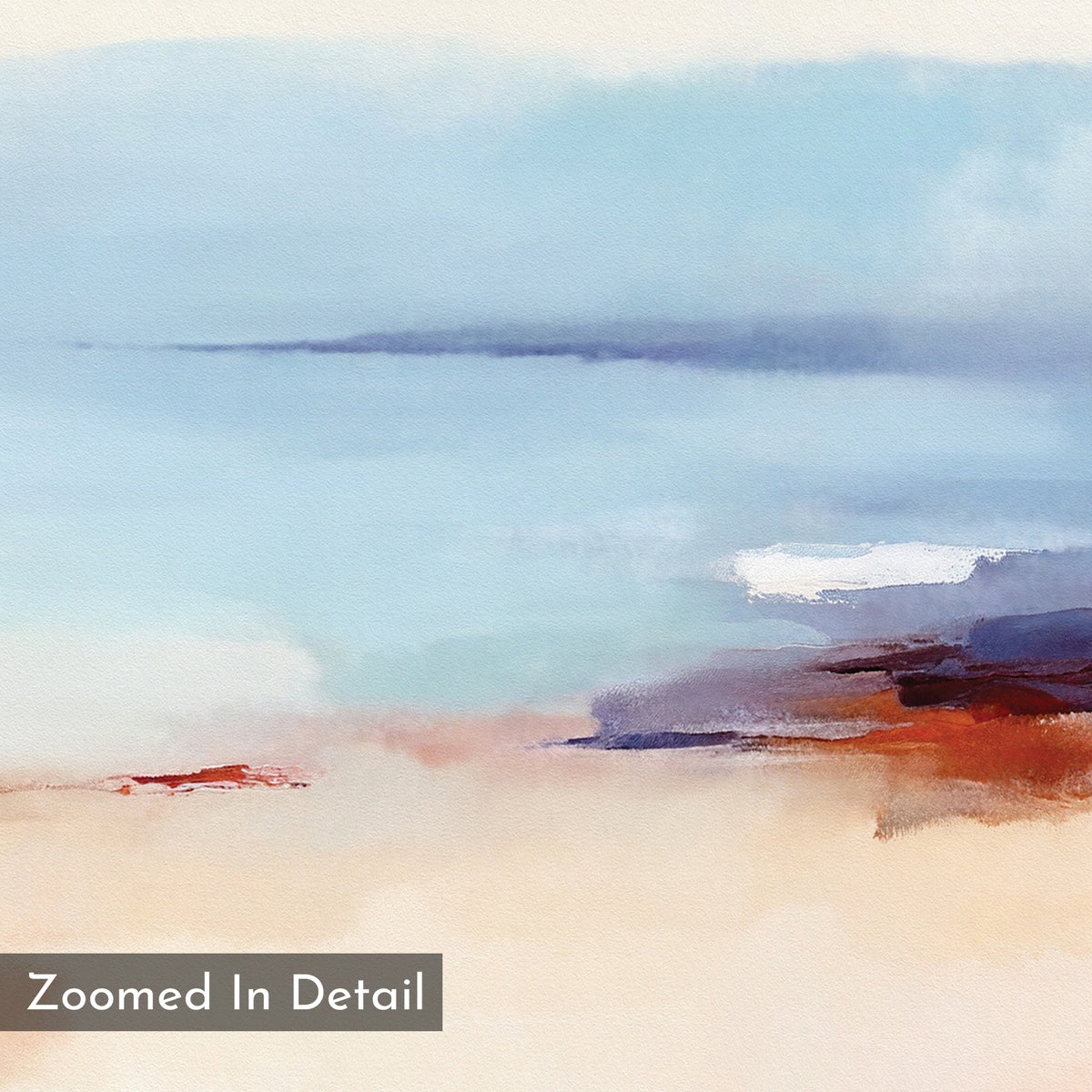 The Windswept Coastline Canvas Art - Square features soft blue, white, and brown watercolor brushstrokes blended to evoke a serene coastal scene. A “Zoomed In Detail” label appears in the bottom left corner.
