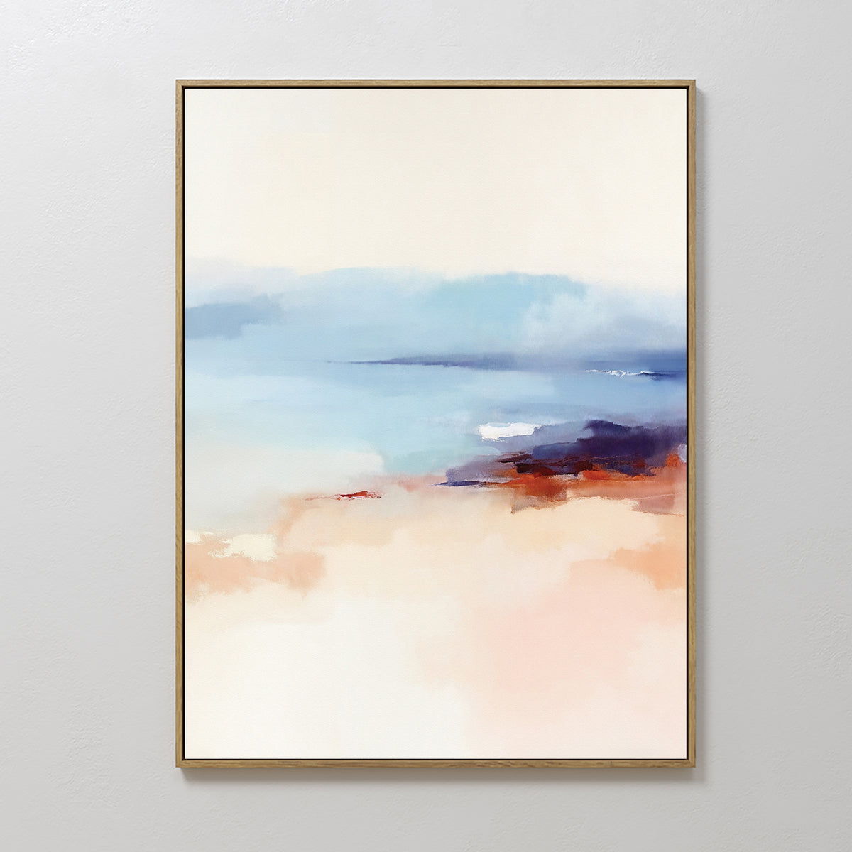 The Windswept Coastline Canvas Art - Vertical features soft pastel colors with light blue and cream in the upper left, blending to deeper blues and warm earth tones below—ideal coastal wall art evoking a calming seascape.