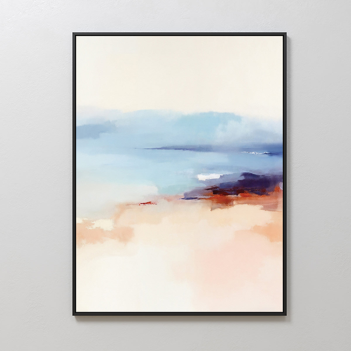 The Windswept Coastline Canvas Art - Vertical features soft blue, white, beige, and rust tones with gentle brushstrokes, creating a serene seascape. Perfect as calming coastal wall art for your space.