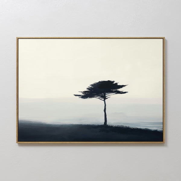 Windswept Solitude Canvas Art - Horizontal features a single wide-canopy tree on a misty landscape with soft blue and gray gradients, perfect minimalist wall art for modern living room decor.
