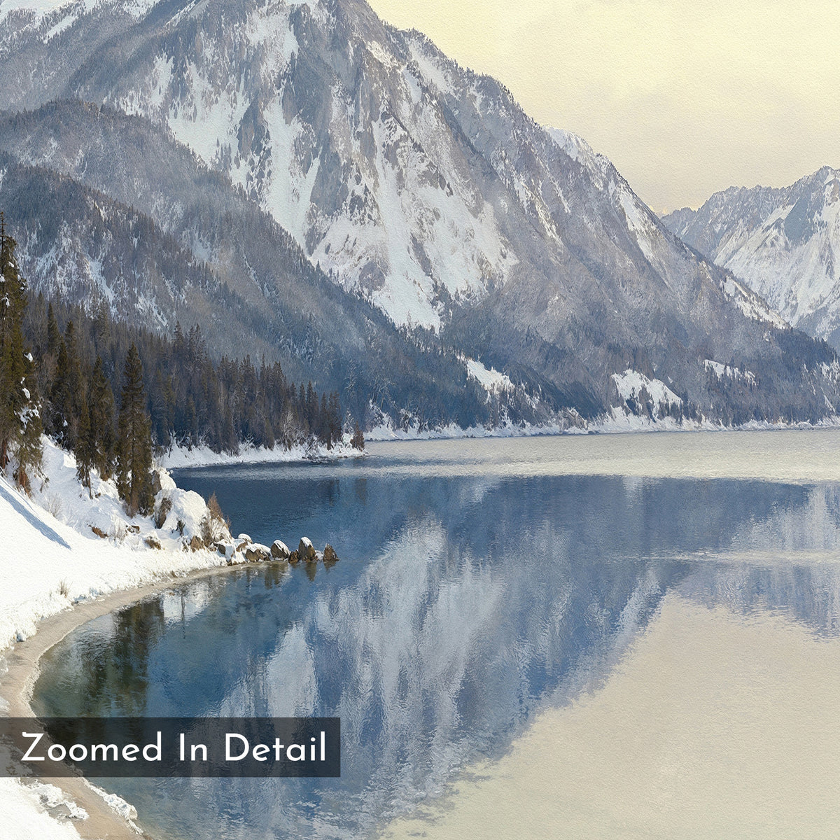 Snow-covered mountains reflect in a calm alpine lake, bordered by pine trees and a snowy shore. The soft, painted look of Winter Reflection Canvas Art - Vertical is perfect for winter decor lovers. "Zoomed In Detail" appears in the lower left corner.