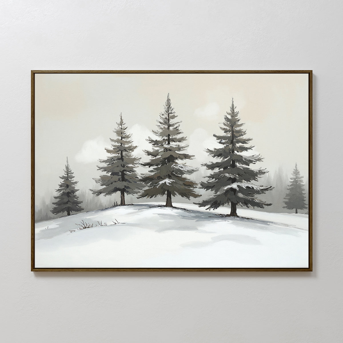 The Winter Solitude Canvas Art - Horizontal features a serene snowy landscape with evergreens and a cloudy sky, offering muted colors and minimal details—perfect for adding tranquil bedroom decor.