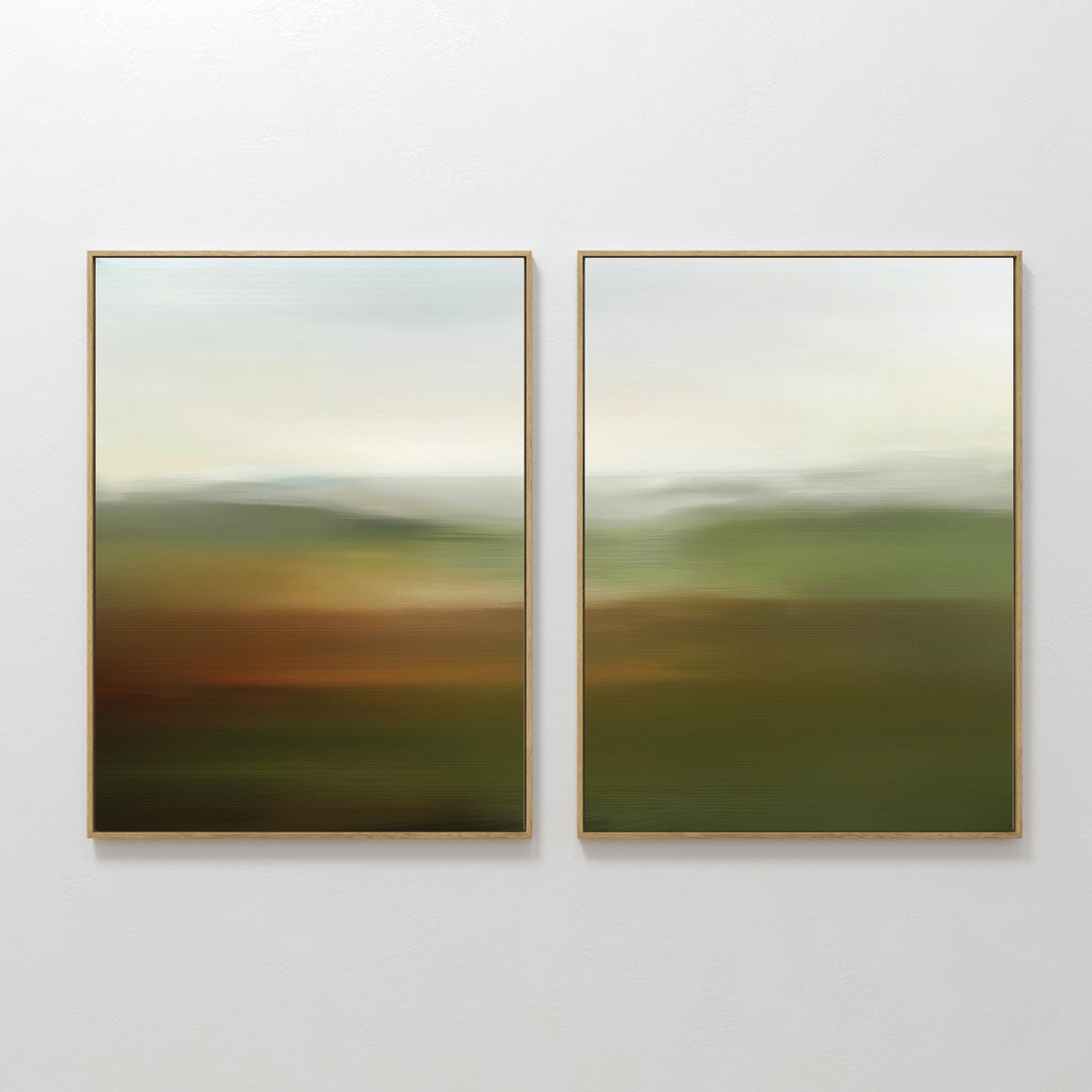The Lush Landscape Set of 2 features framed abstract landscape prints in green, brown, and white tones, hanging side by side to create a serene scene—ideal wall art for modern living room decor.