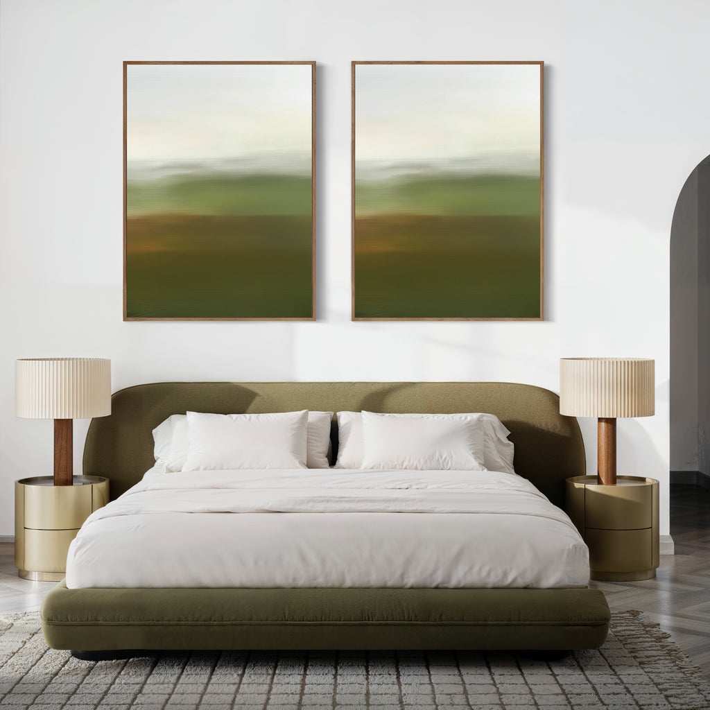 A modern bedroom with an olive green upholstered bed, white bedding, beige nightstands with matching lamps, and the Lush Landscape Set of 2—abstract green and white wall art—creates perfect inspiration for living room decor.