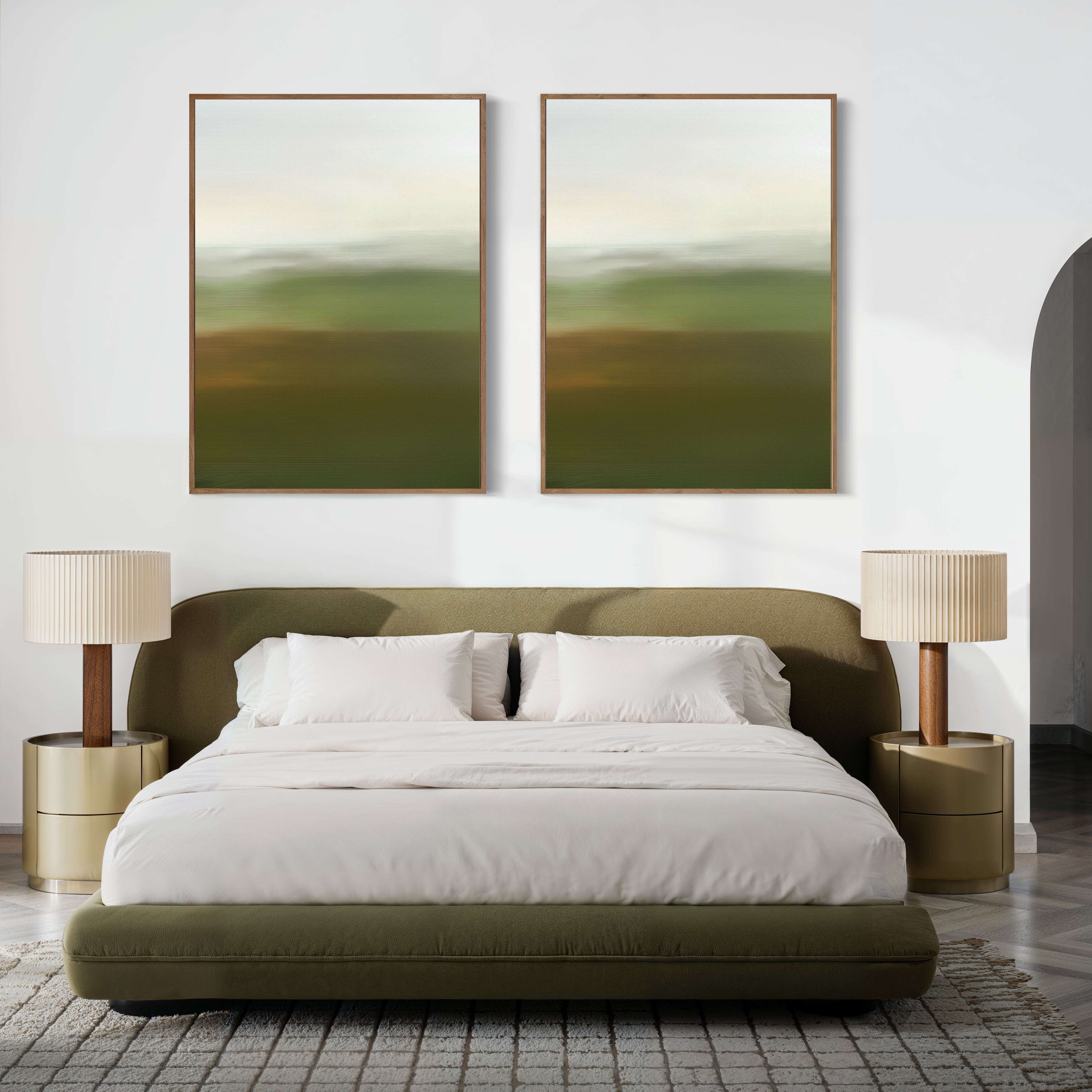 A modern bedroom with an olive green upholstered bed, white bedding, beige nightstands with matching lamps, and the Lush Landscape Set of 2—abstract green and white wall art—creates perfect inspiration for living room decor.