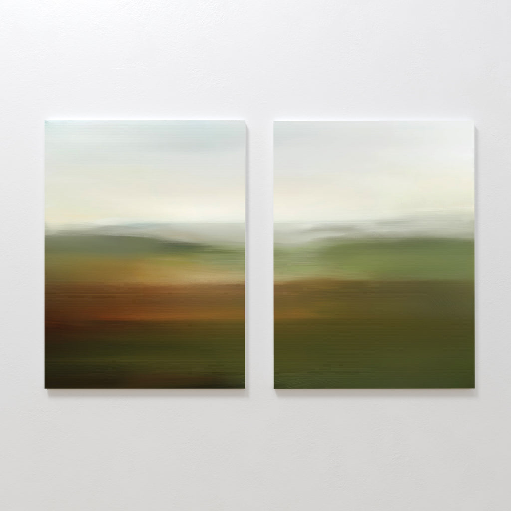The Lush Landscape Set of 2 showcases abstract art prints in soft green, brown, and cream tones, evoking grassy fields and a cloudy sky—ideal for adding modern style to your living room decor.