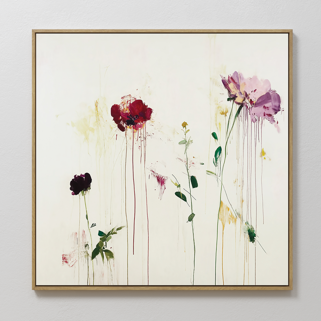 The Wild Flower Canvas Art showcases abstract blossoms in red, purple, and pink with green stems and leaves, featuring bold watercolor-style strokes and drips on a white background for a modern floral look.