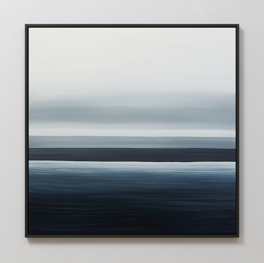 Oceanic Blur Abstract Canvas Art features horizontal layers in blue, gray, and white tones, evoking a serene coastal vibe—ideal minimalist wall art for your living room decor.