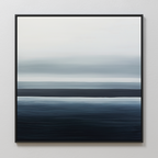 Oceanic Blur Abstract Canvas Art features horizontal layers in blue, gray, and white tones, evoking a serene coastal vibe—ideal minimalist wall art for your living room decor.