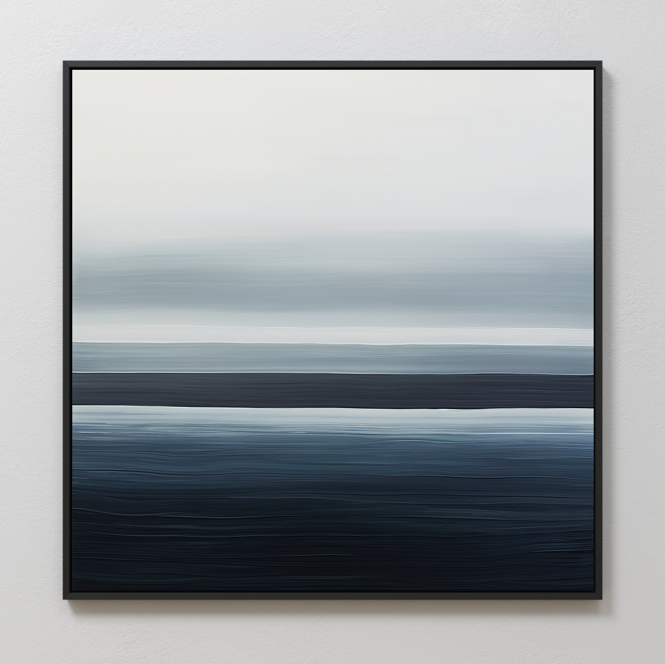 Oceanic Blur Abstract Canvas Art features horizontal layers in blue, gray, and white tones, evoking a serene coastal vibe—ideal minimalist wall art for your living room decor.