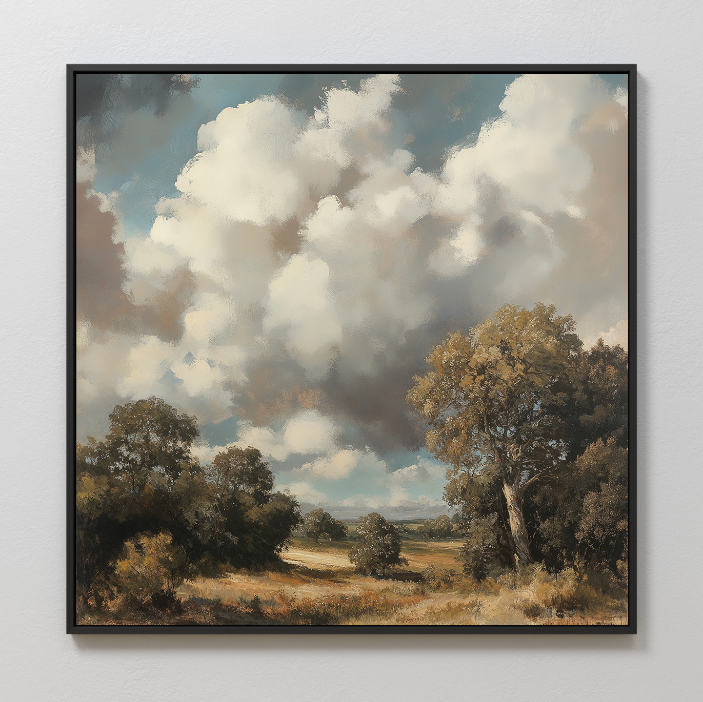 The Gathering Storm Canvas Art, featuring tall trees, an open field, and dramatic clouds, hangs on a light wall—an ideal atmospheric addition to your living room decor.